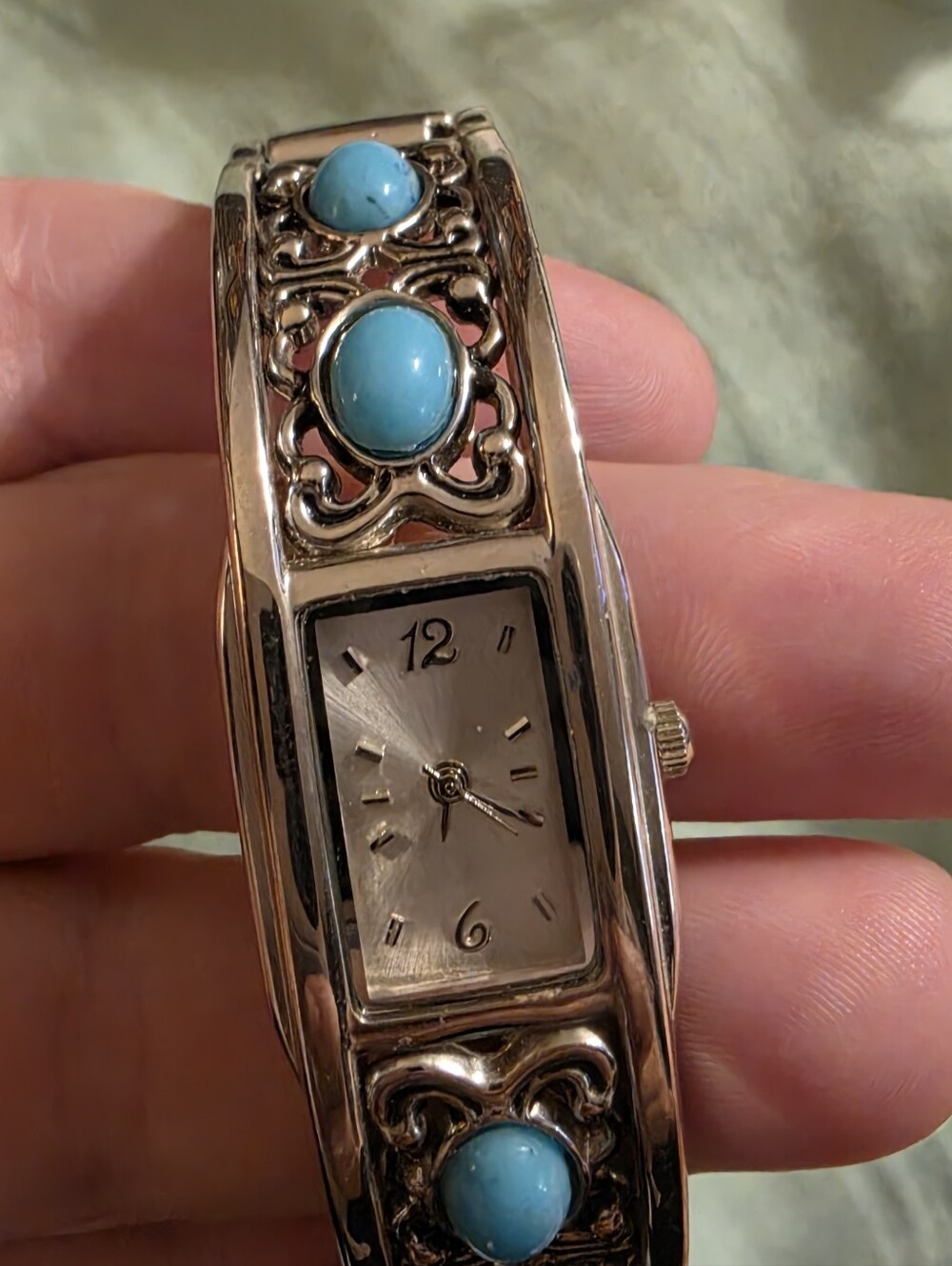 Turquoise Accent Silver-Tone Cuff Watch - Women Jewelry